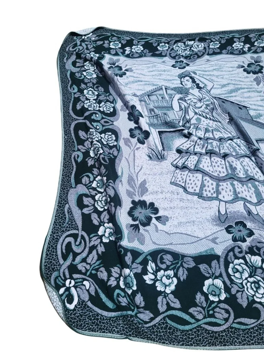 Vintage Spanish Flamenco Dancer Woven Tapestry Throw Blanket With Floral Border